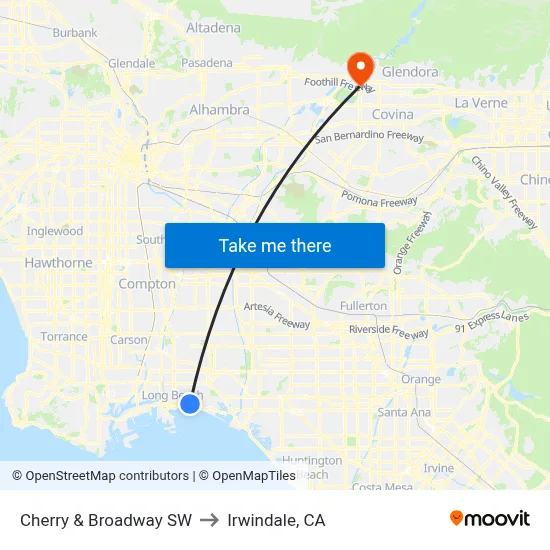 Cherry & Broadway SW to Irwindale, CA map