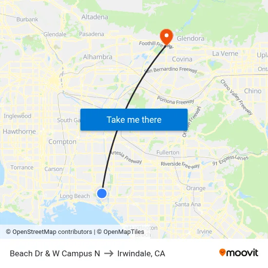 Beach Dr & W Campus N to Irwindale, CA map