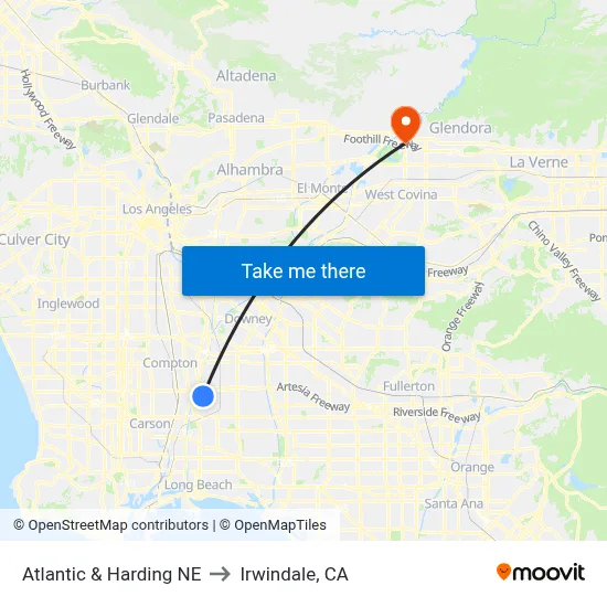 Atlantic & Harding NE to Irwindale, CA map
