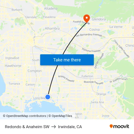 Redondo & Anaheim SW to Irwindale, CA map