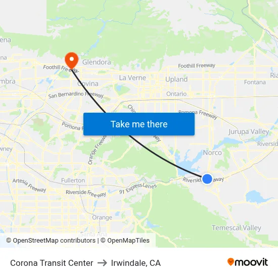Corona Transit Center to Irwindale, CA map