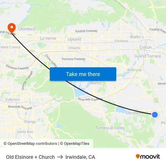 Old Elsinore + Church to Irwindale, CA map