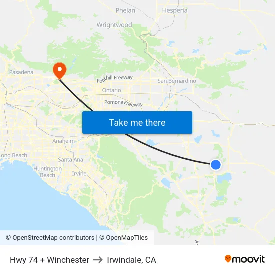 Hwy 74 + Winchester to Irwindale, CA map