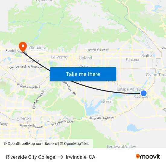 Riverside City College to Irwindale, CA map