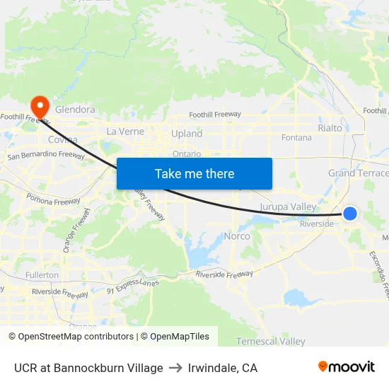 UCR at Bannockburn Village to Irwindale, CA map