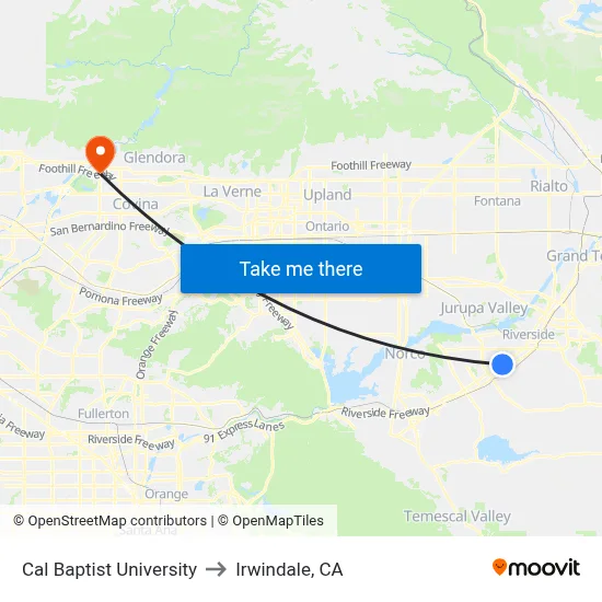 Cal Baptist University to Irwindale, CA map