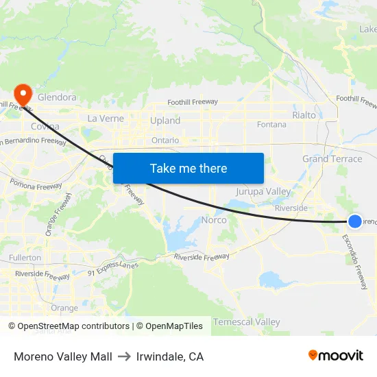 Moreno Valley Mall to Irwindale, CA map