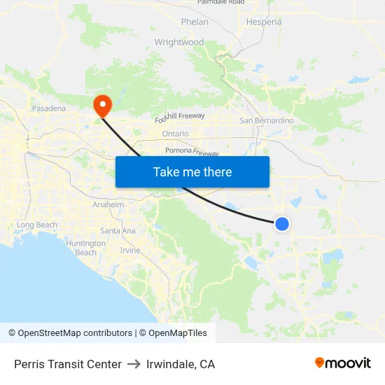 Perris Transit Center to Irwindale, CA map
