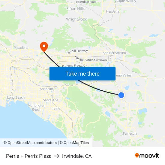 Perris + Perris Plaza to Irwindale, CA map