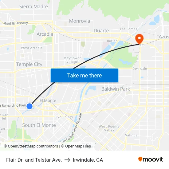 Flair Dr. and Telstar Ave. to Irwindale, CA map
