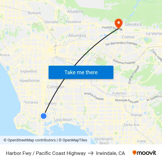 Harbor Fwy / Pacific Coast Highway to Irwindale, CA map