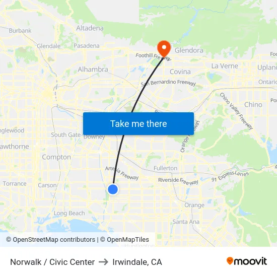 Norwalk / Civic Center to Irwindale, CA map