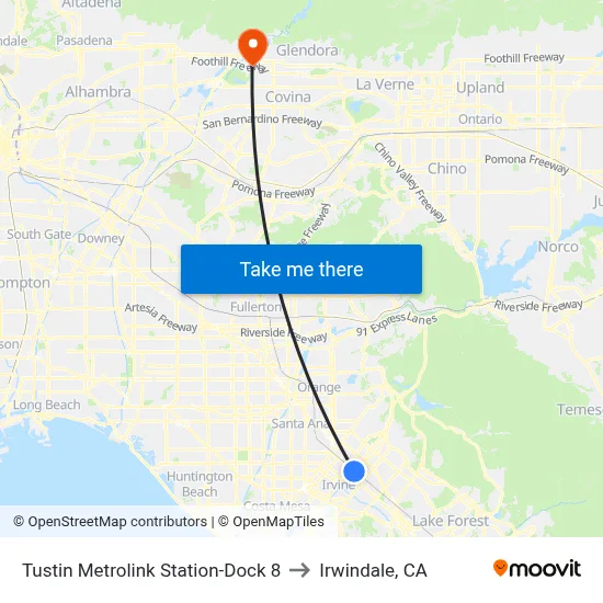 Tustin Metrolink Station-Dock 8 to Irwindale, CA map