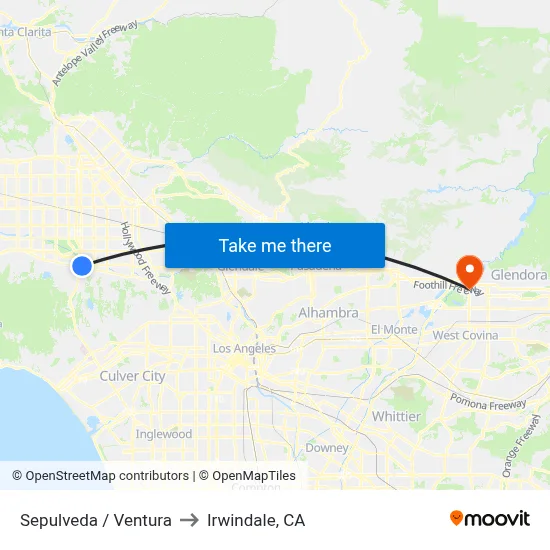Sepulveda / Ventura to Irwindale, CA map