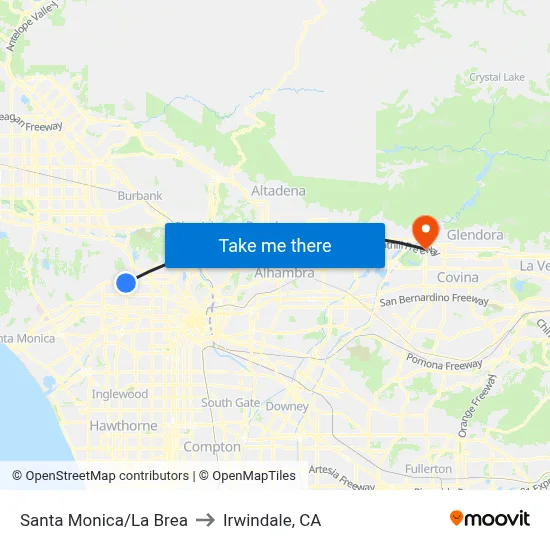 Santa Monica/La Brea to Irwindale, CA map