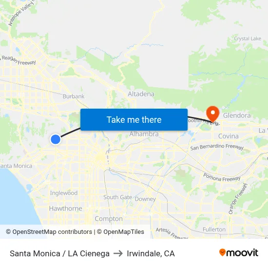Santa Monica / LA Cienega to Irwindale, CA map