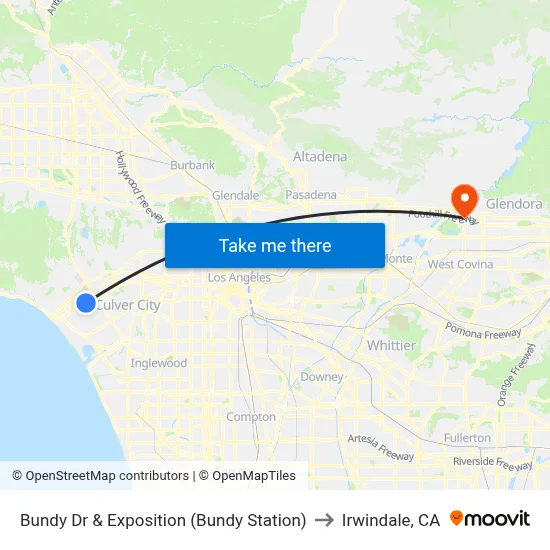 Bundy Dr & Exposition (Bundy Station) to Irwindale, CA map