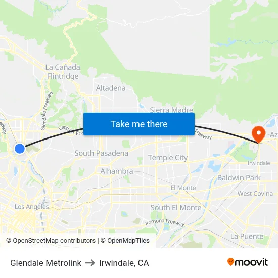 Glendale Metrolink to Irwindale, CA map