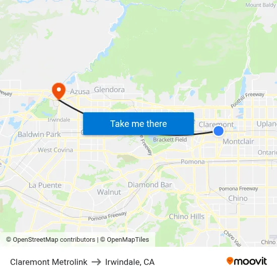 Claremont Metrolink to Irwindale, CA map