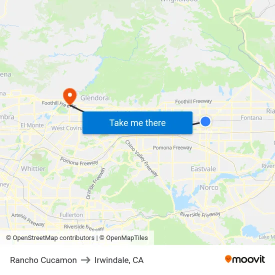 Rancho Cucamon to Irwindale, CA map