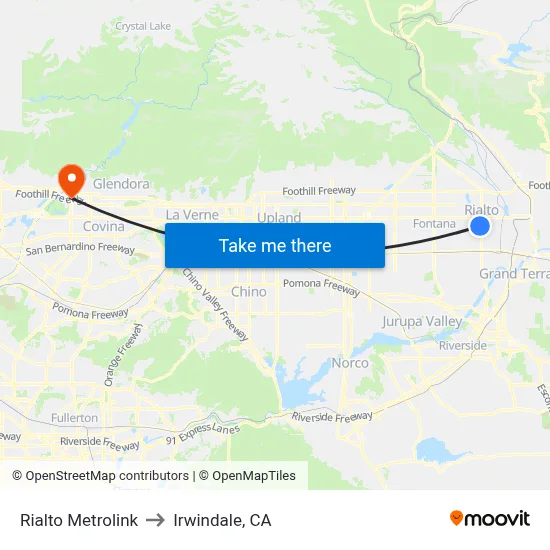 Rialto Metrolink to Irwindale, CA map