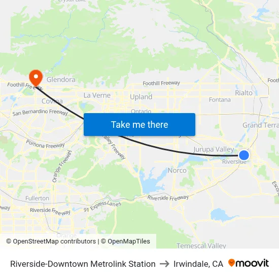 Riverside-Downtown Metrolink Station to Irwindale, CA map
