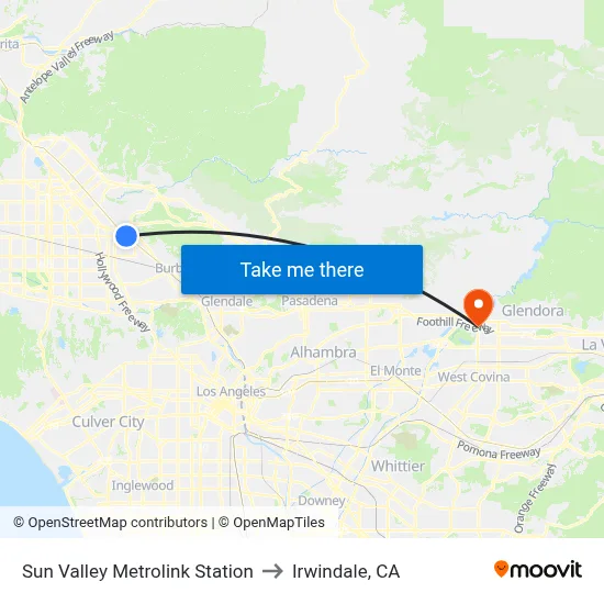 Sun Valley Metrolink Station to Irwindale, CA map