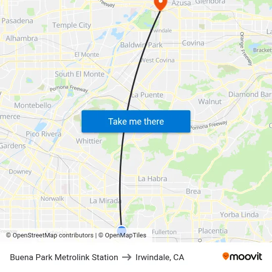 Buena Park Metrolink Station to Irwindale, CA map