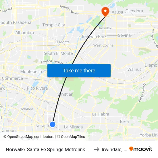 Norwalk/ Santa Fe Springs Metrolink Station to Irwindale, CA map