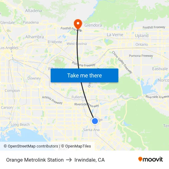 Orange Metrolink Station to Irwindale, CA map
