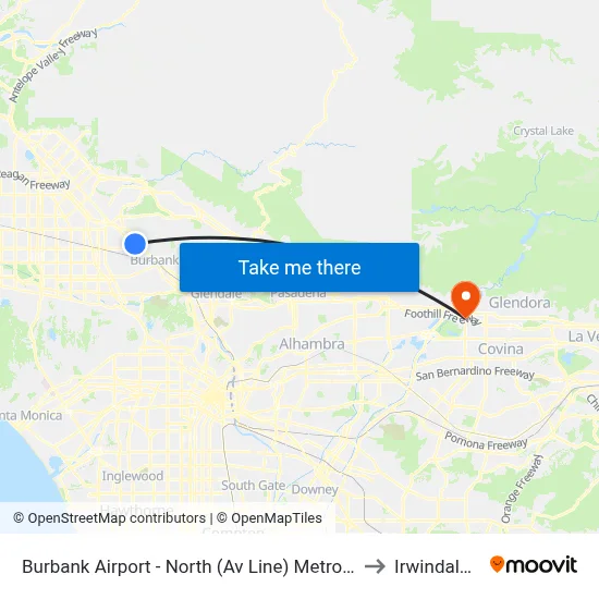 Burbank Airport - North (Av Line) Metrolink Station to Irwindale, CA map