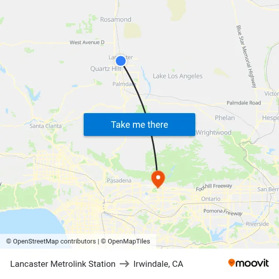 Lancaster Metrolink Station to Irwindale, CA map