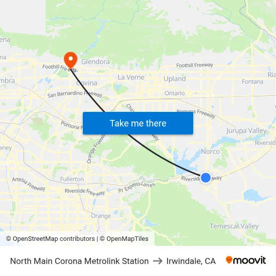 North Main Corona Metrolink Station to Irwindale, CA map