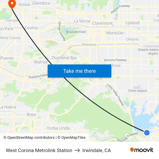 West Corona Metrolink Station to Irwindale, CA map