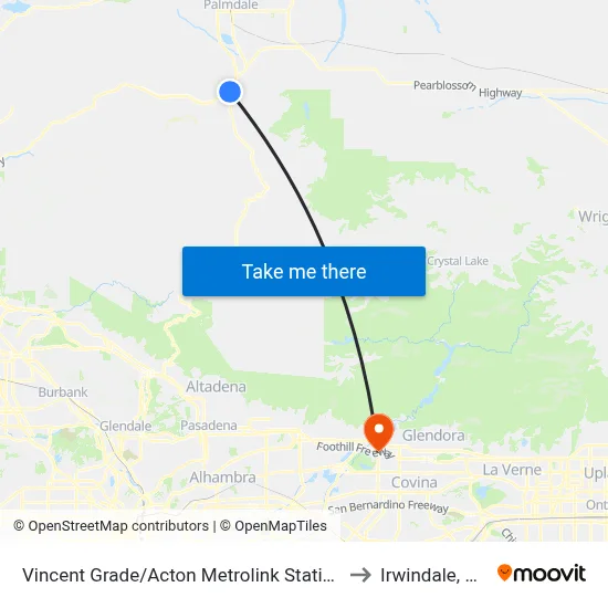 Vincent Grade/Acton Metrolink Station to Irwindale, CA map