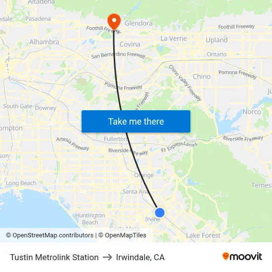 Tustin Metrolink Station to Irwindale, CA map