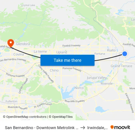 San Bernardino - Downtown Metrolink Station to Irwindale, CA map