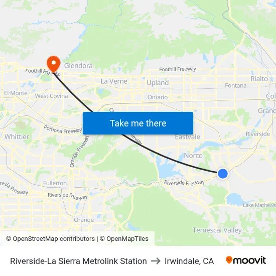 Riverside-La Sierra Metrolink Station to Irwindale, CA map