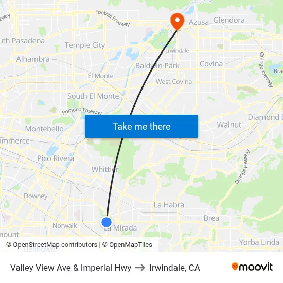 Valley View Ave & Imperial Hwy to Irwindale, CA map