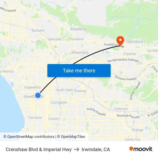 Crenshaw Blvd & Imperial Hwy to Irwindale, CA map