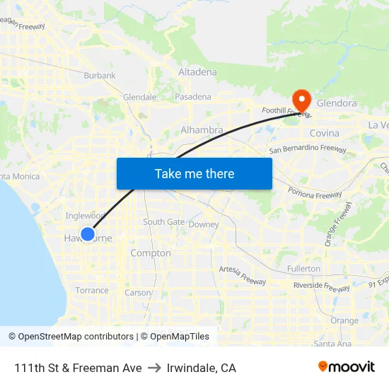 111th St & Freeman Ave to Irwindale, CA map