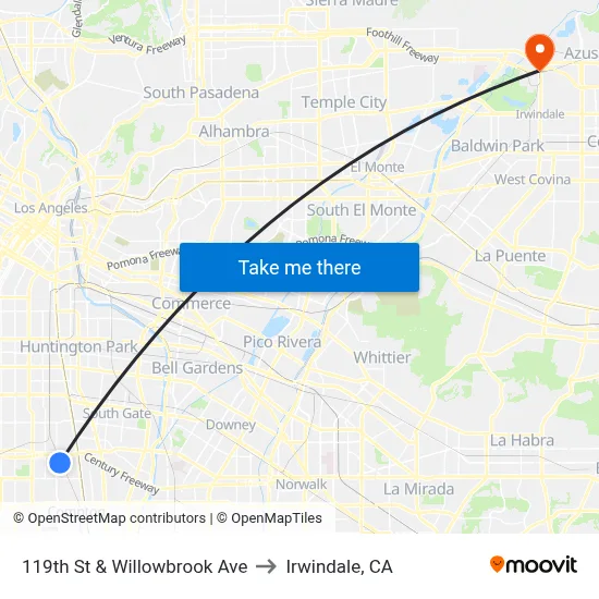 119th St & Willowbrook Ave to Irwindale, CA map