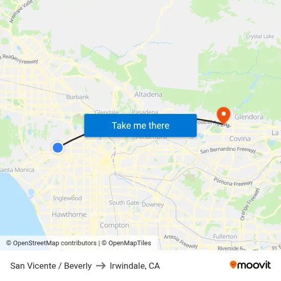 San Vicente / Beverly to Irwindale, CA map