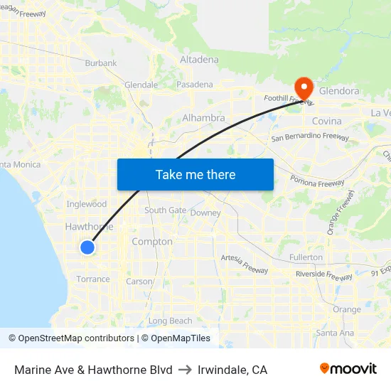 Marine Ave & Hawthorne Blvd to Irwindale, CA map