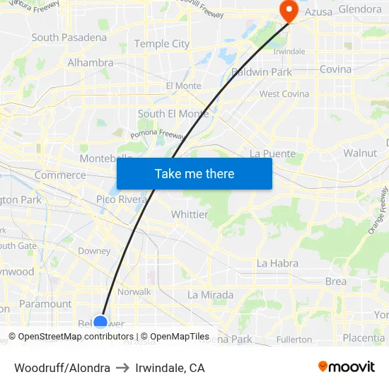 Woodruff/Alondra to Irwindale, CA map