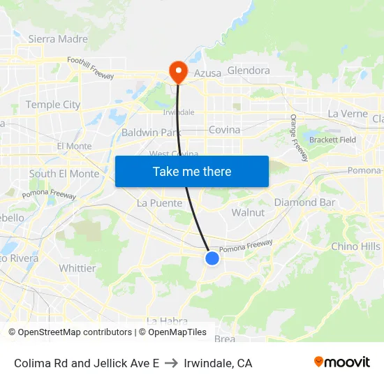 Colima Rd and Jellick Ave E to Irwindale, CA map