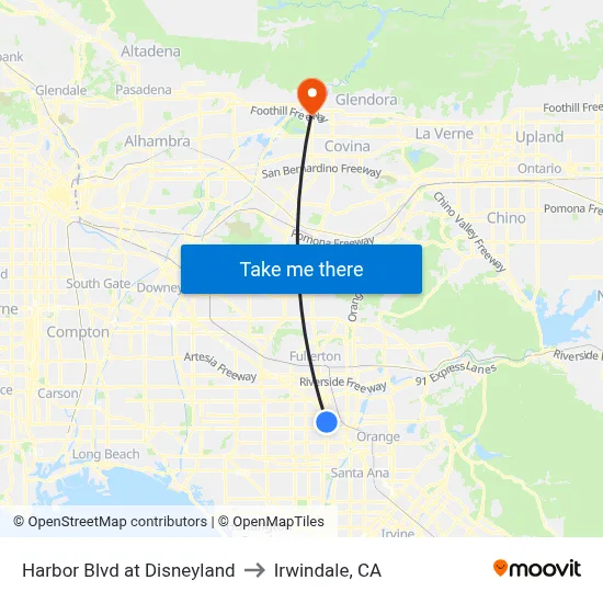 Harbor Blvd at Disneyland to Irwindale, CA map