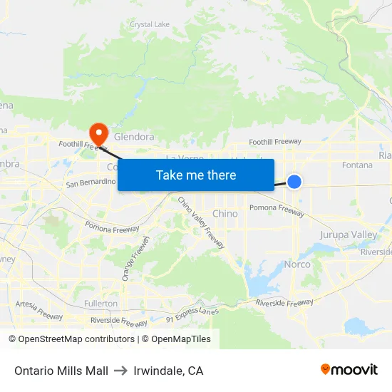 Ontario Mills Mall to Irwindale, CA map