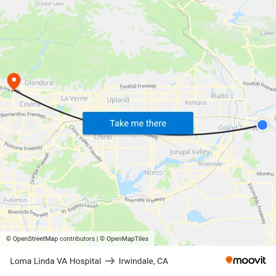Loma Linda VA Hospital to Irwindale, CA map