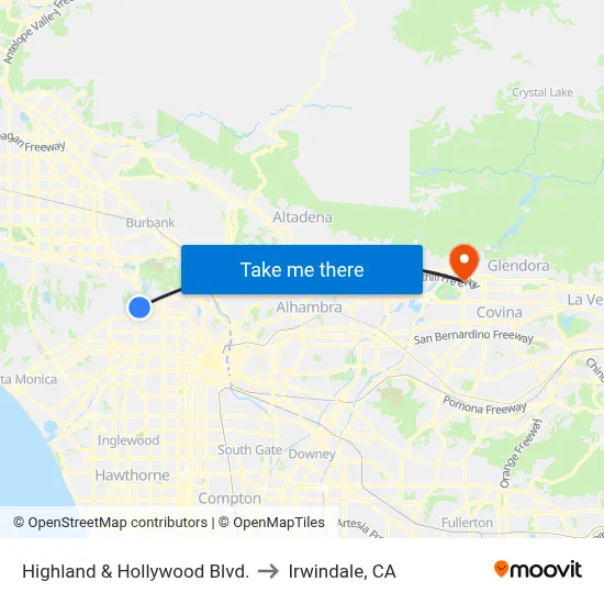 Highland & Hollywood Blvd. to Irwindale, CA map